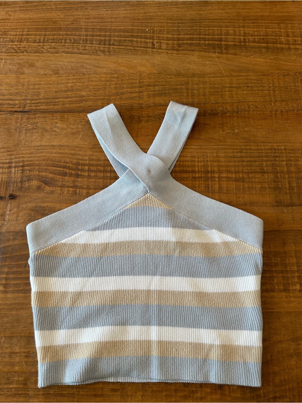 House of Harlow 1960 Striped Knit Halter Crop Top in Light Blue, White & Tan